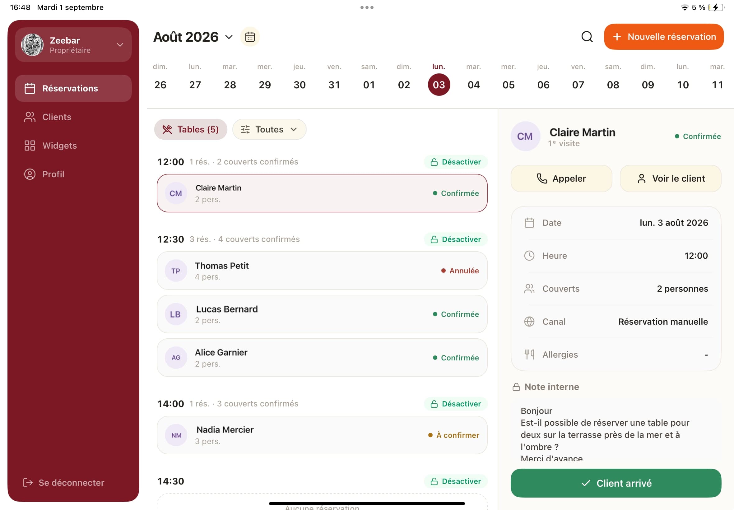 Réservation de table pour tablette